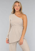Beige Shimmer Top met Enkele Mouw