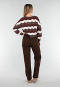 Bruin-Beige Gebreid Vest met Golvende Strepen en Hartvormige Knopen