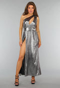 Zilveren Metallic One Shoulder Galajurk met Riem en Split