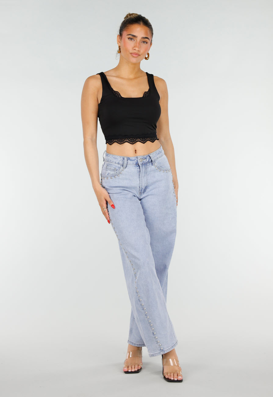 Zwarte Cropped Top met Open Rug en Kant