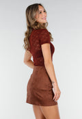 Bordeaux Gehaakte Stretch Top met Col en Korte Mouwen