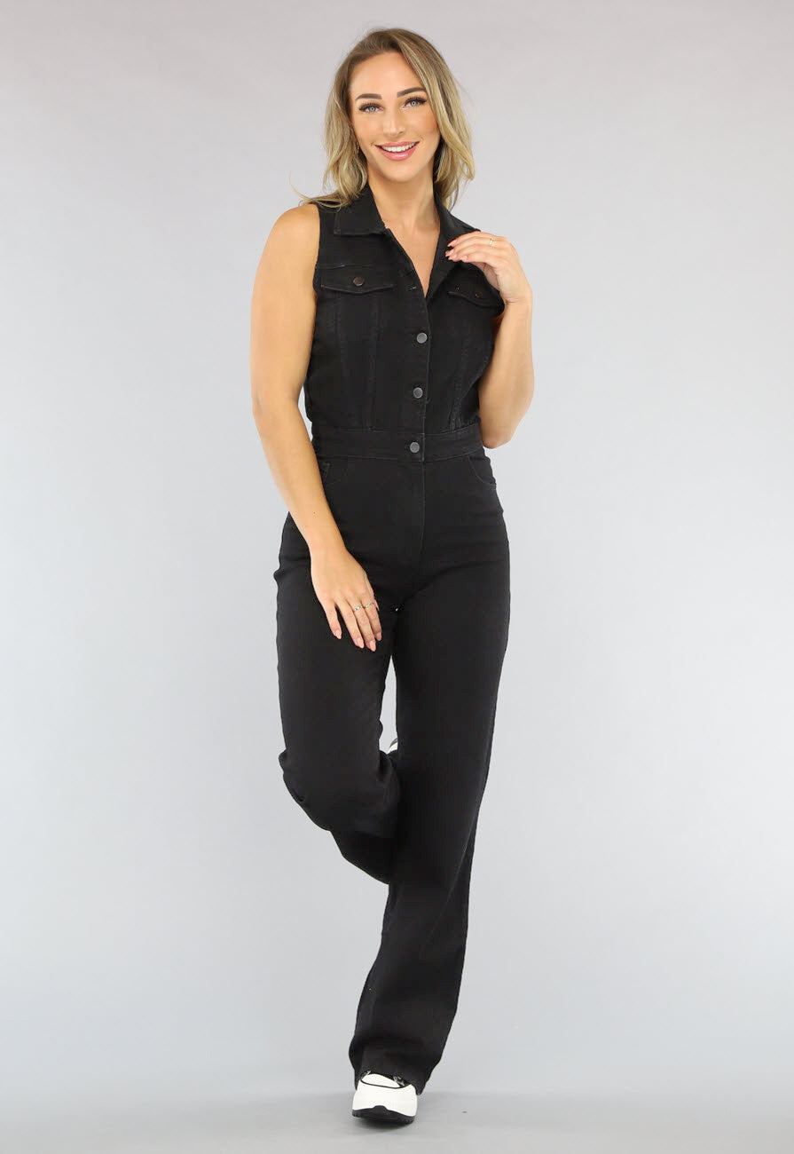 Redial Jeans  Mouwloze Zwarte Spijkerstof Jumpsuit