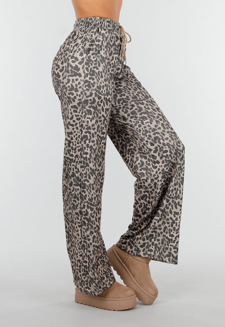 Leopard Print Broek met Rechte Pijp en Elastische Taille