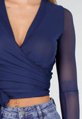 Blauwe Mesh Wrap Top met Striksluiting
