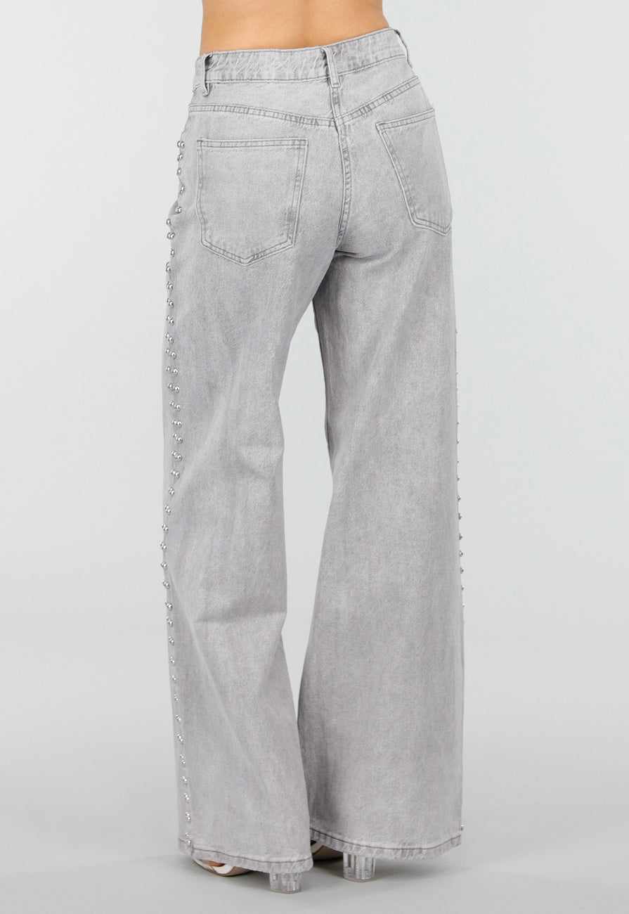 Grijze Wide Leg Jeans met Stud Details en High Waist Pasvorm