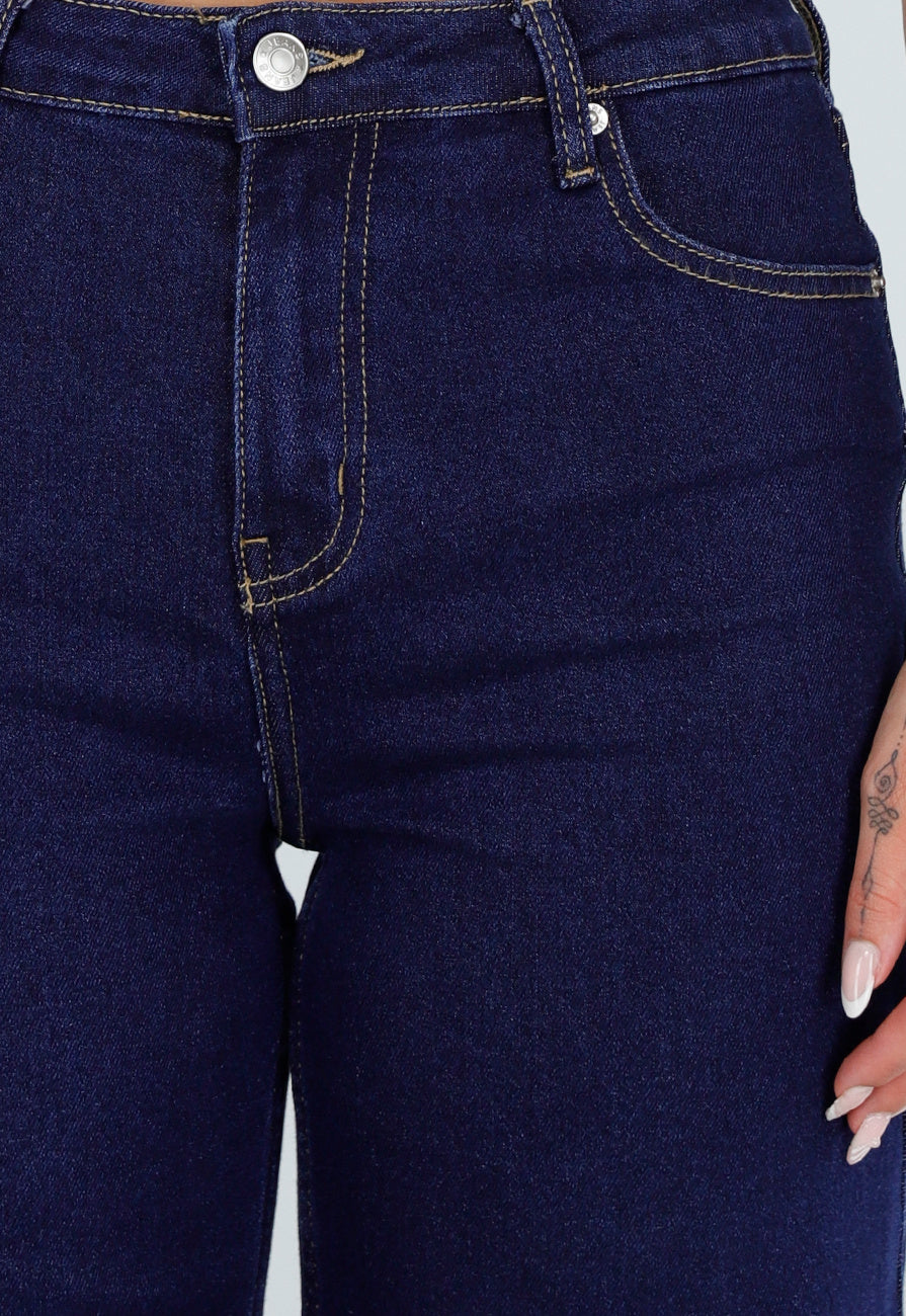 Donkerblauwe Wide Leg Jeans met Hoge Taille en Stretch