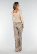 Camelkleurige Stretchbroek met All-Over Print en Rechte Pijpen
