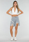 Lichtblauwe Denim Bermuda Shorts met Strass en Destroyed Details Voor Dames