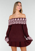 Bordeaux Off Shoulder Trui met Fair Isle Motief en Lange Mouwen