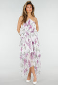 Paarse Maxi Halter Jurk met Bloemenprint en Gelaagde Ruches