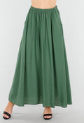 Mosgroene Linnenlook Maxi Rok met Zakken en Elastische Tailleband