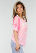 Roze Mesh Jersey Top met V-hals en Korte Mouwen en Print