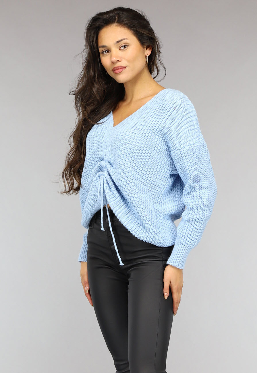 Babyblauwe Gebreide Trui met Geplooid Detail