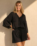 Zwarte Blouse en Short Set met Wijde Mouwen