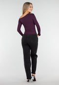 Paarskleurige One Shoulder Stretch Top met Lange Mouwen en Aansluitende Pasvorm