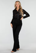 Zwarte Kanten Blouse met Satijnen Details en Lange Mouwen