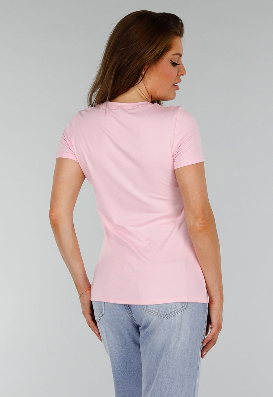 Roze Stretch Top met Split en Ronde Hals