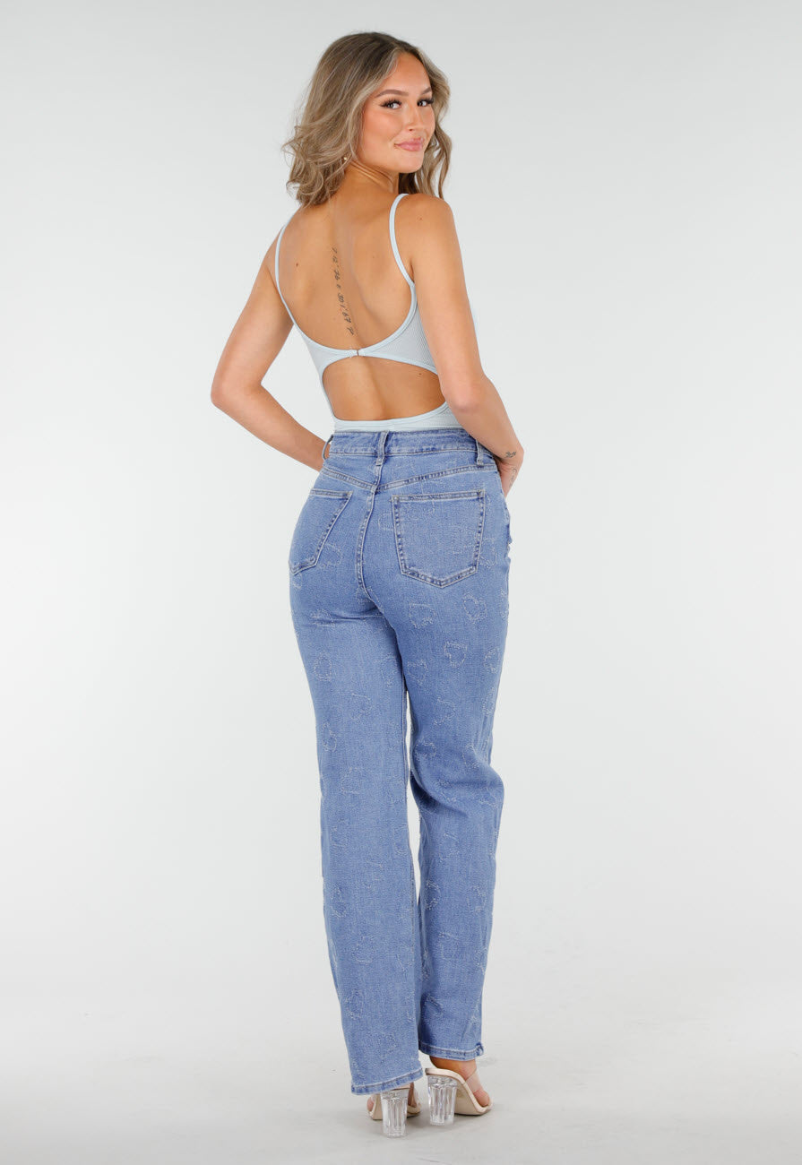 Lichtblauwe High Waist Jeans met Geruwde Hartjes