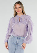 Lila Ruffle Blouse met Strikdetail en Lange Mouwen
