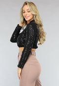Zwarte Cropped Overslag Blouse met Pailletten