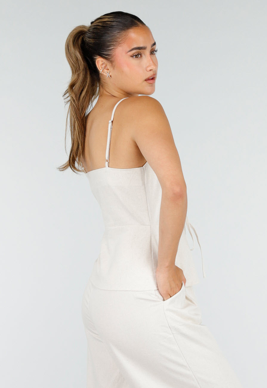 Beige Spaghettiband Top met Wide Leg Broek Set