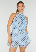 Lichtblauwe Polkadot Playsuit met Halterhals en Volantlaag