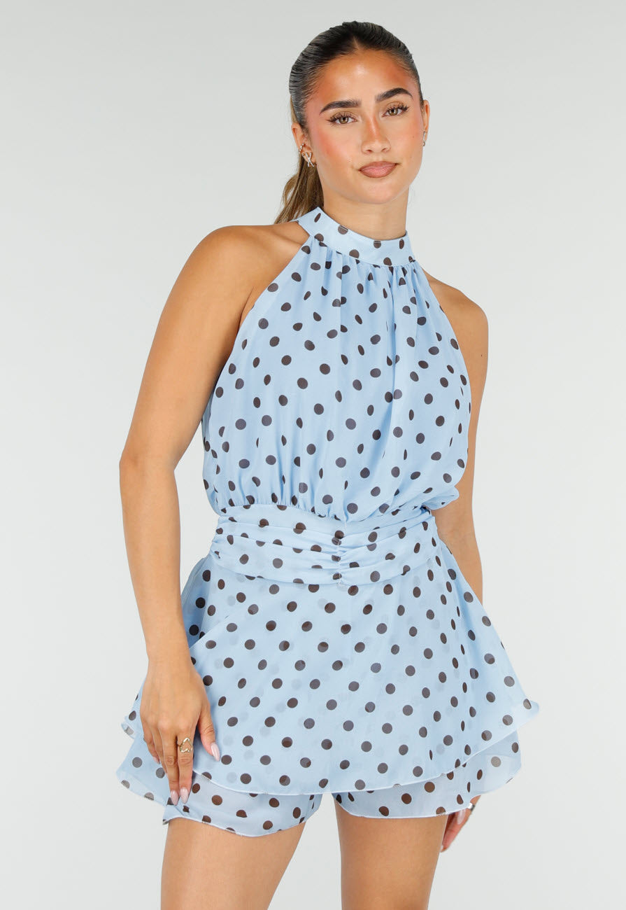 Lichtblauwe Polkadot Playsuit met Halterhals en Volantlaag