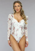Witte Kanten Vintage Print Bodysuit met Cups