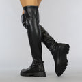 Zwarte Lederlook Overknee Laarzen met Grove Zool