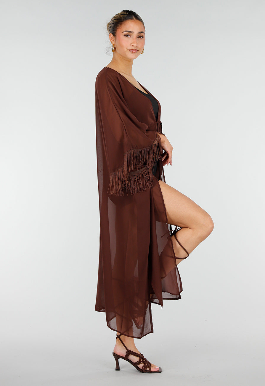 Bruine Kimono met Halflange Mouwen en Franjes