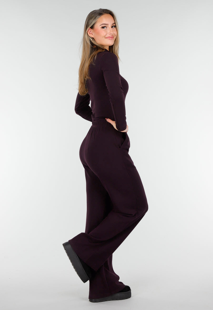 Aubergine Zachte Stretch Broek met Rechte Pijpen