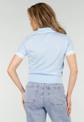 Lichtblauwe Cropped Polo Top met Kraag Knoopsluiting en Strepen