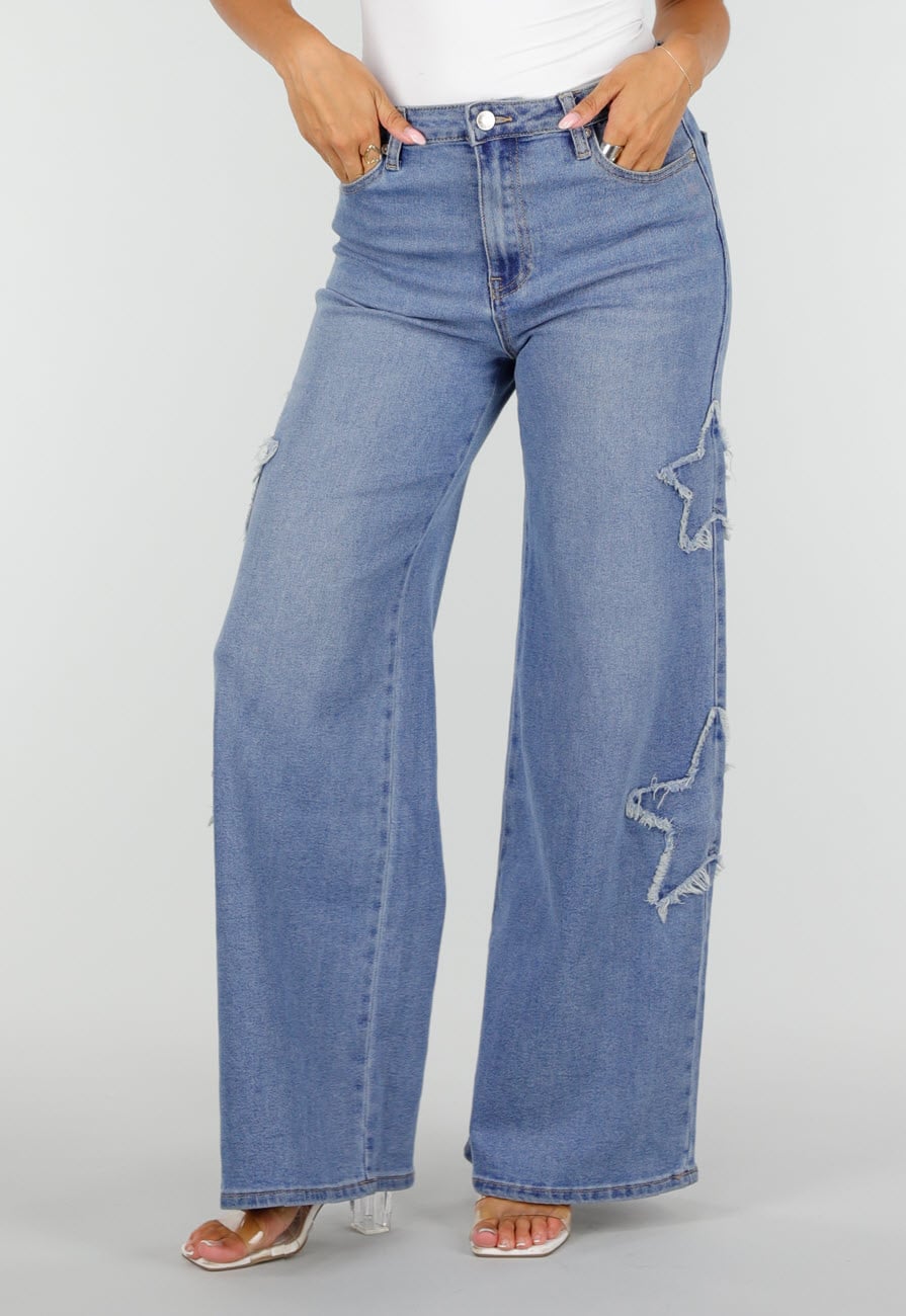 Blauwe Wide Leg Jeans met Sterren en Gerafelde Details