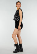 Zwarte Mouwloze Top met Witte Stippen en Schoudervulling