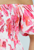 Roze Bloemen Maxi Jurk met Pofmouwen en Gesmokte Taille