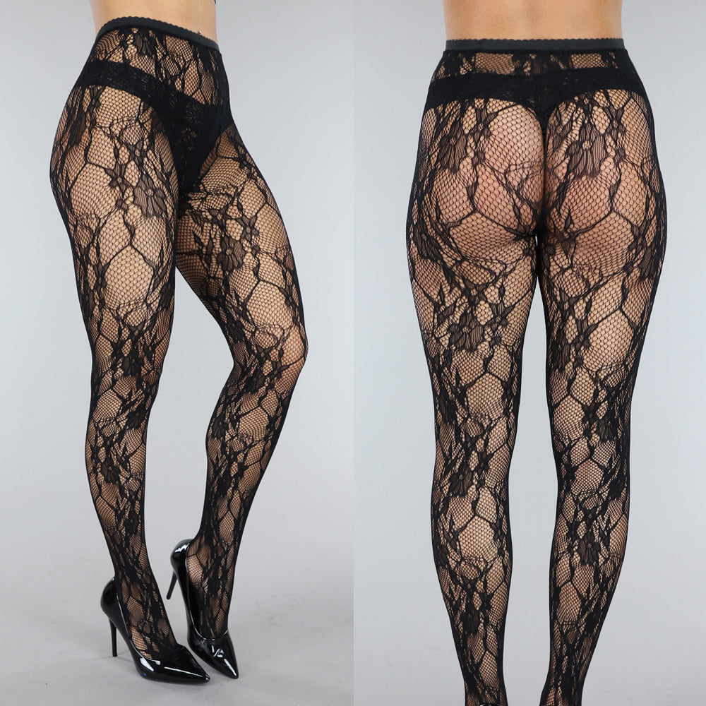 Zwarte Fishnet Panty met Bloemenprint