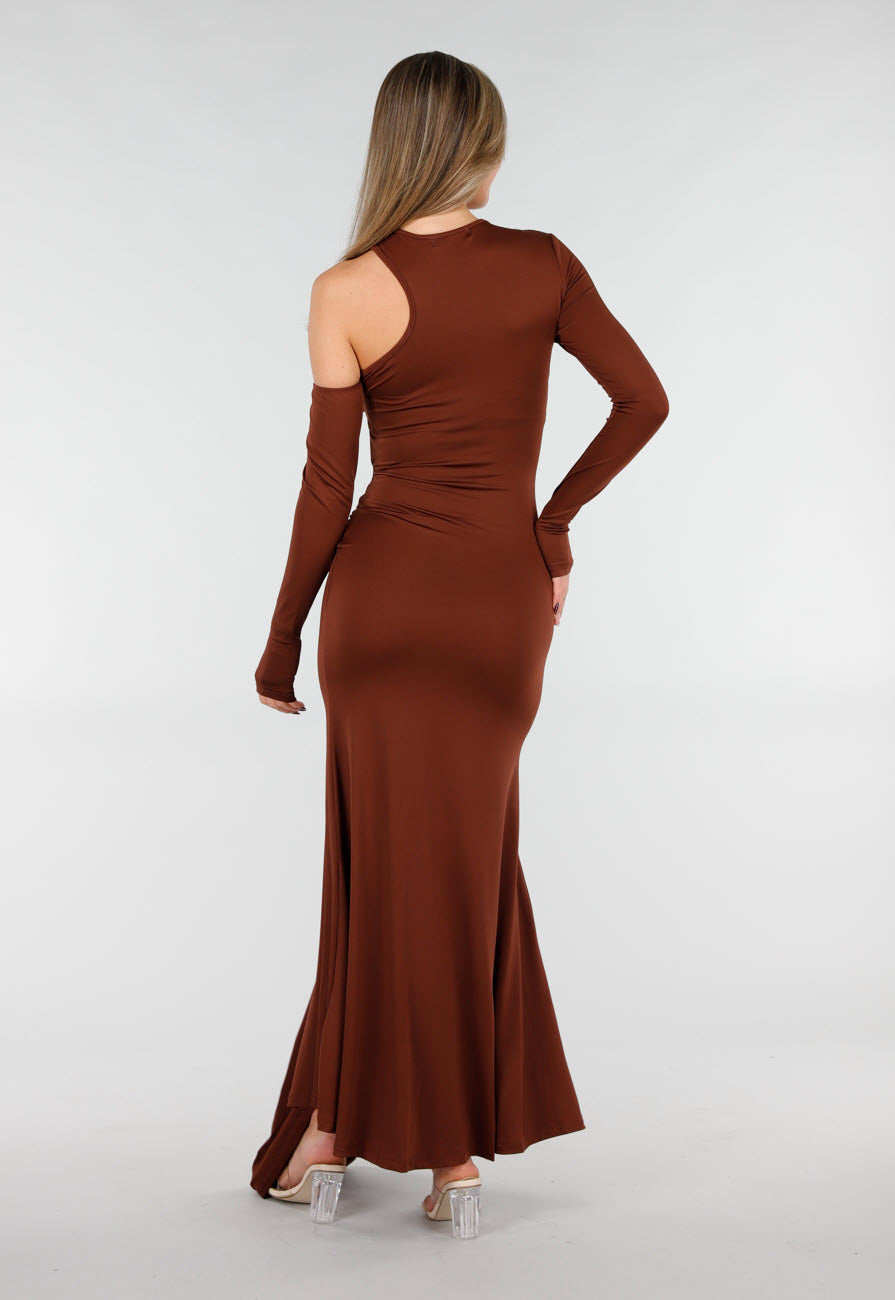 Bruine Asymmetrische Maxi Jurk met Cut Out en Draping