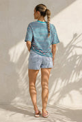 Roze Turquoise Gestreept T-shirt met Korte Mouwen en Ronde Hals