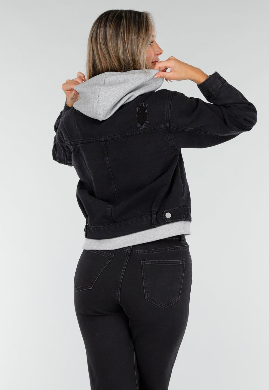 Zwarte Denim Jas met Grijze Capuchon en Zakken met Rits