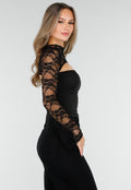 Zwarte Top met Kant, Stretch en Cut-Out Detail