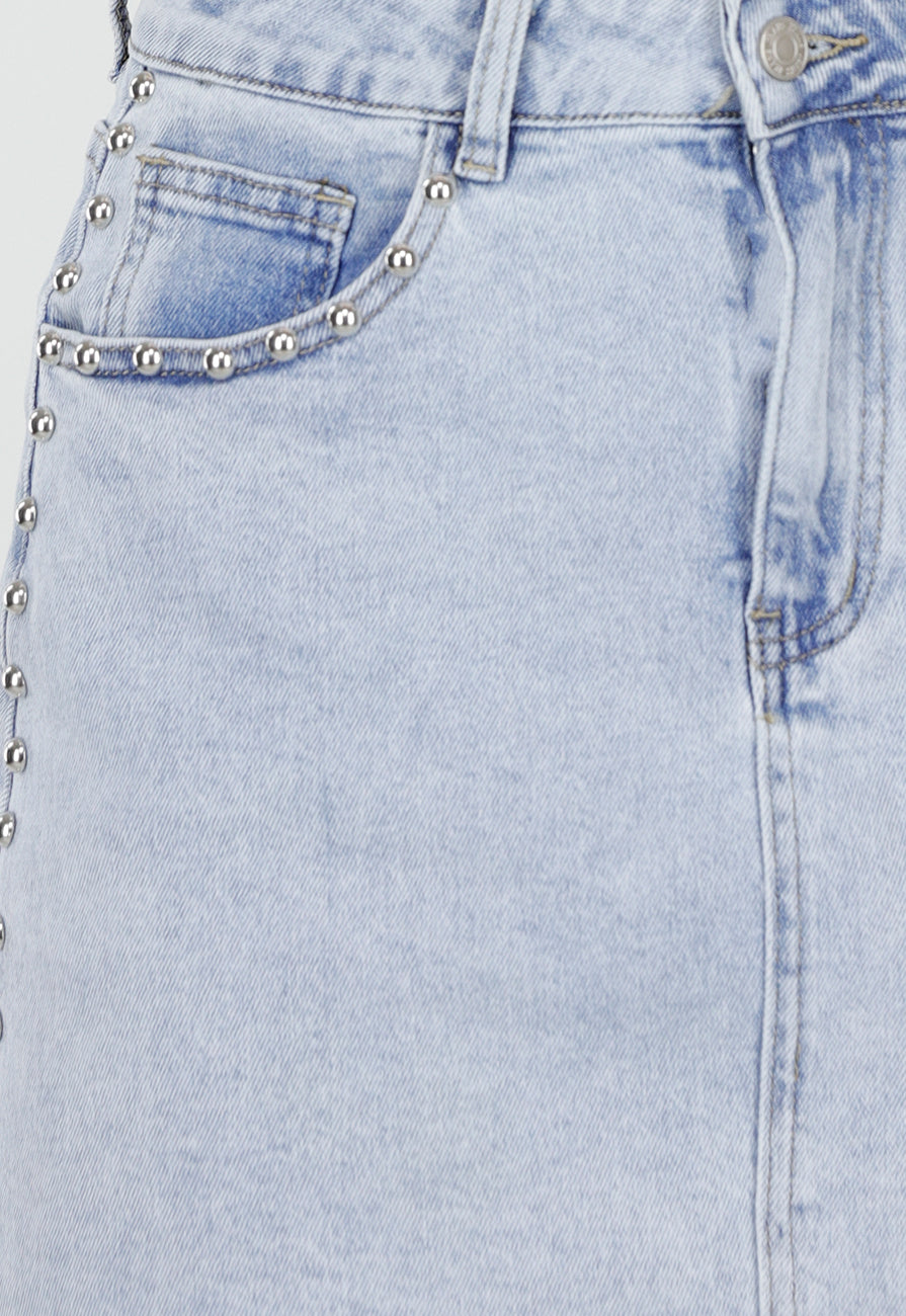 Lichtblauwe Denim Rok met Studs en Rechte Pasvorm en Steekzakken