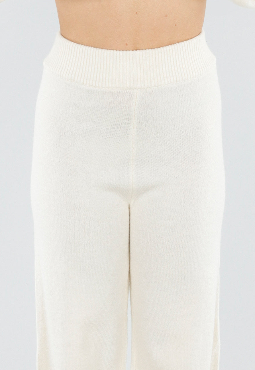 Crème Gebreide Set met Overslag Top en Wijde Broek