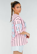 Roze Oversized Jersey Shirt met Blauwe Print en Strepen