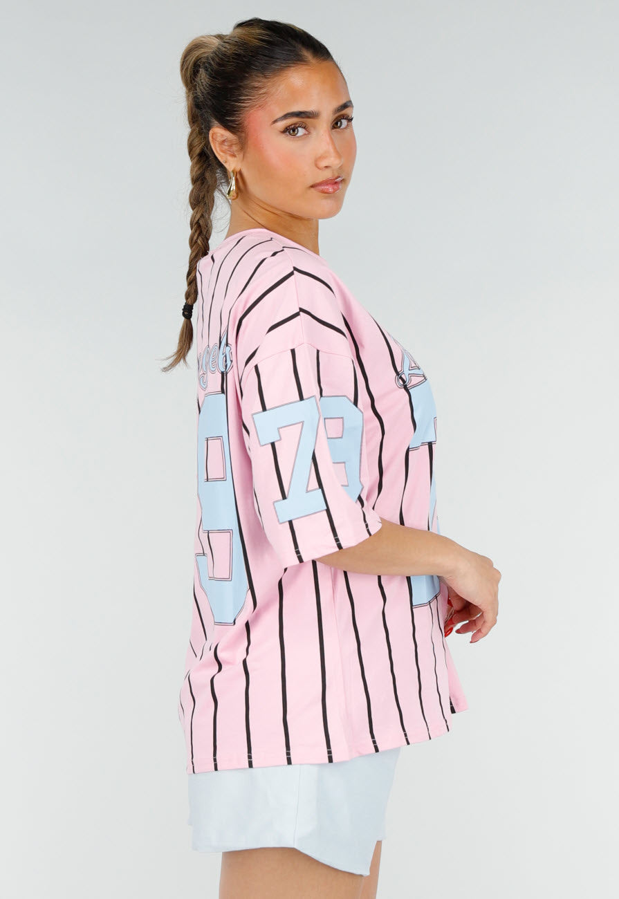 Roze Oversized Jersey Shirt met Blauwe Print en Strepen
