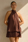 Bruine Halter Jurk met Witte Stippen en Open Rug