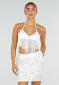 Witte Fringe Halter Top met Verstelbare Rugsluiting