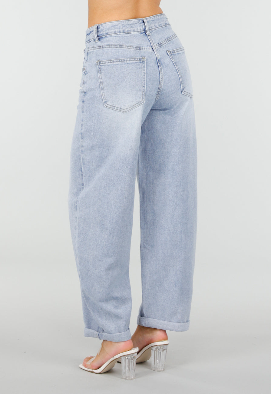 Lichtblauwe Barrel Jeans met Hoge Taille