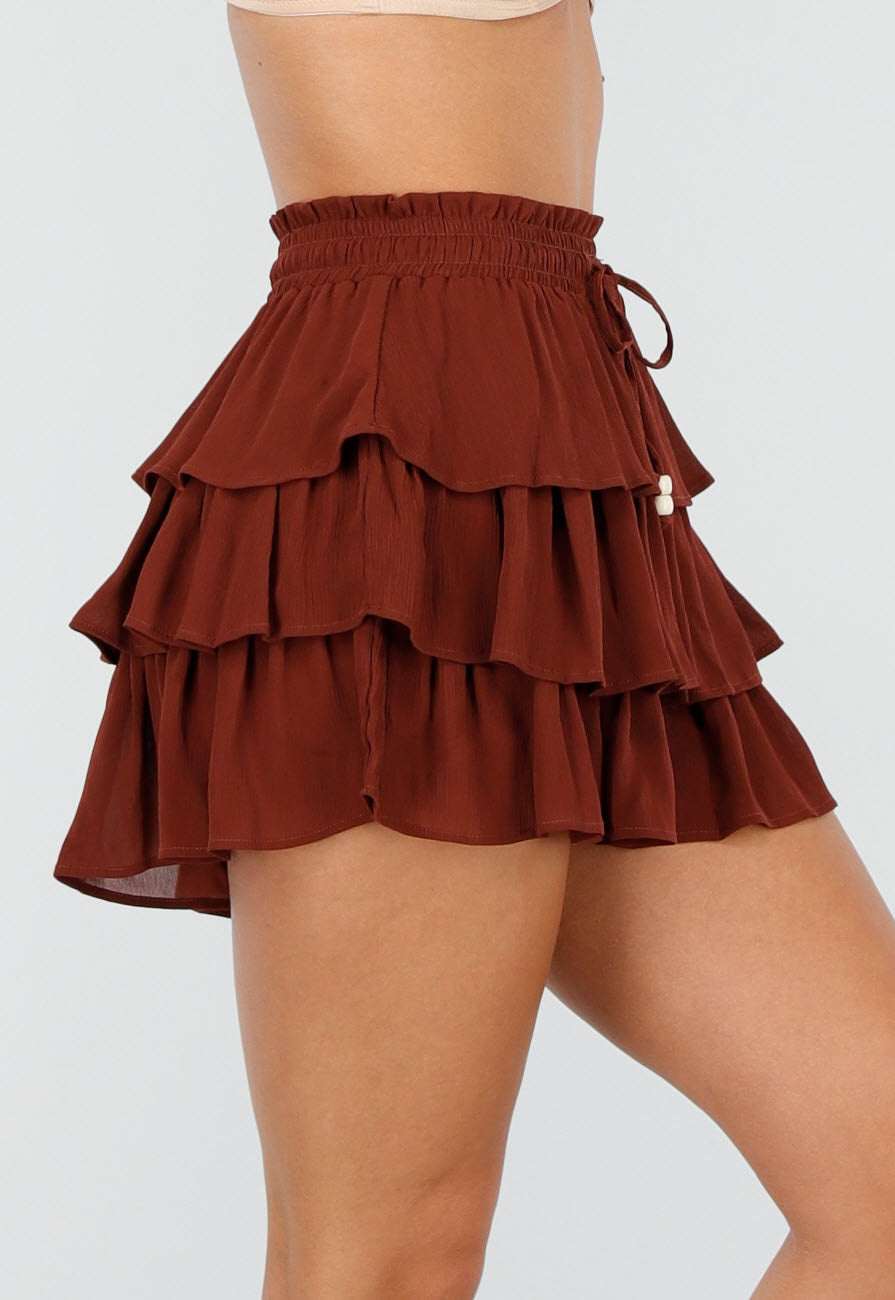 Bruine Skort met Ruches en Stretch