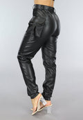 Lange Zwarte Lederlook Cargo Broek