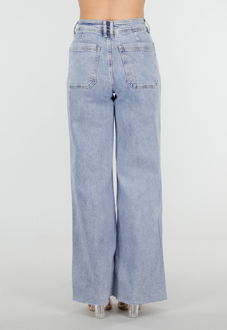Lichtblauwe Denim Wide Leg Jeans met Rechte Pijpen en Stretch